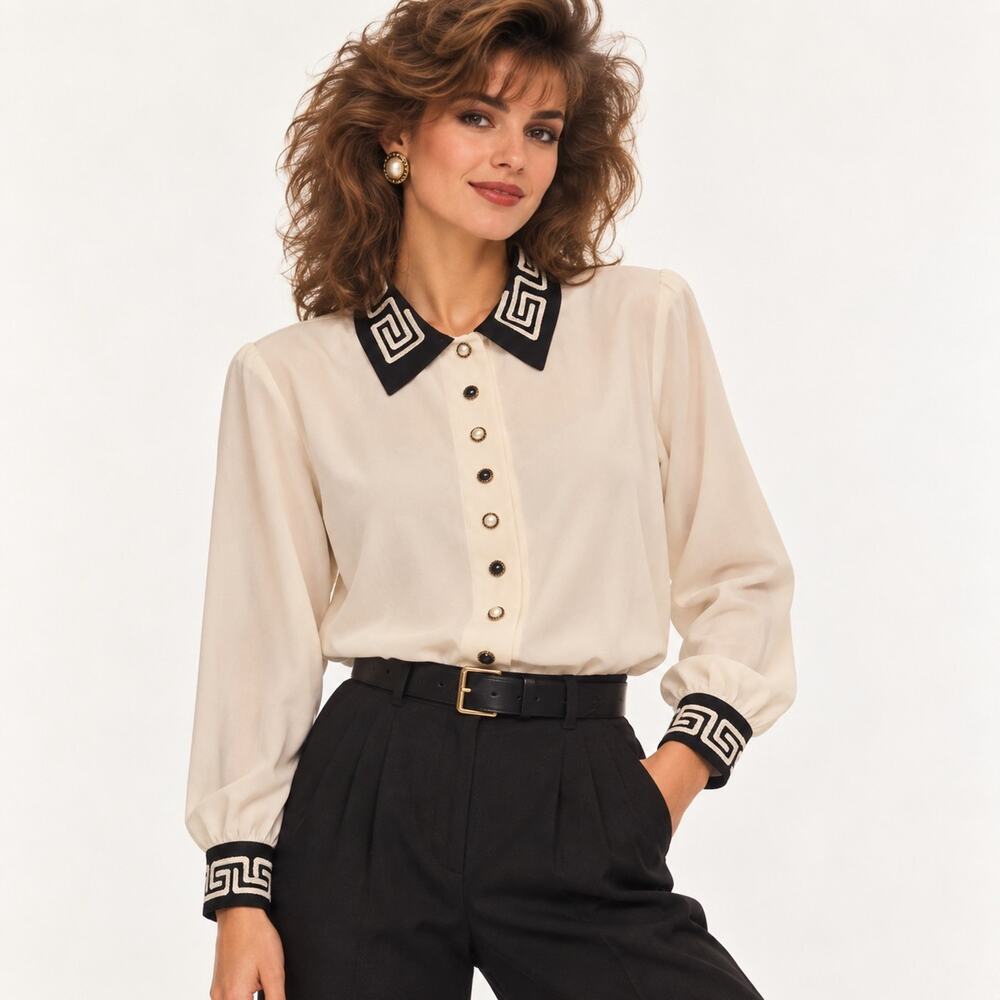 Vintage 80s 90s Che Studio Blouse Size 10 Greek Key Embroidered Pearl Buttons